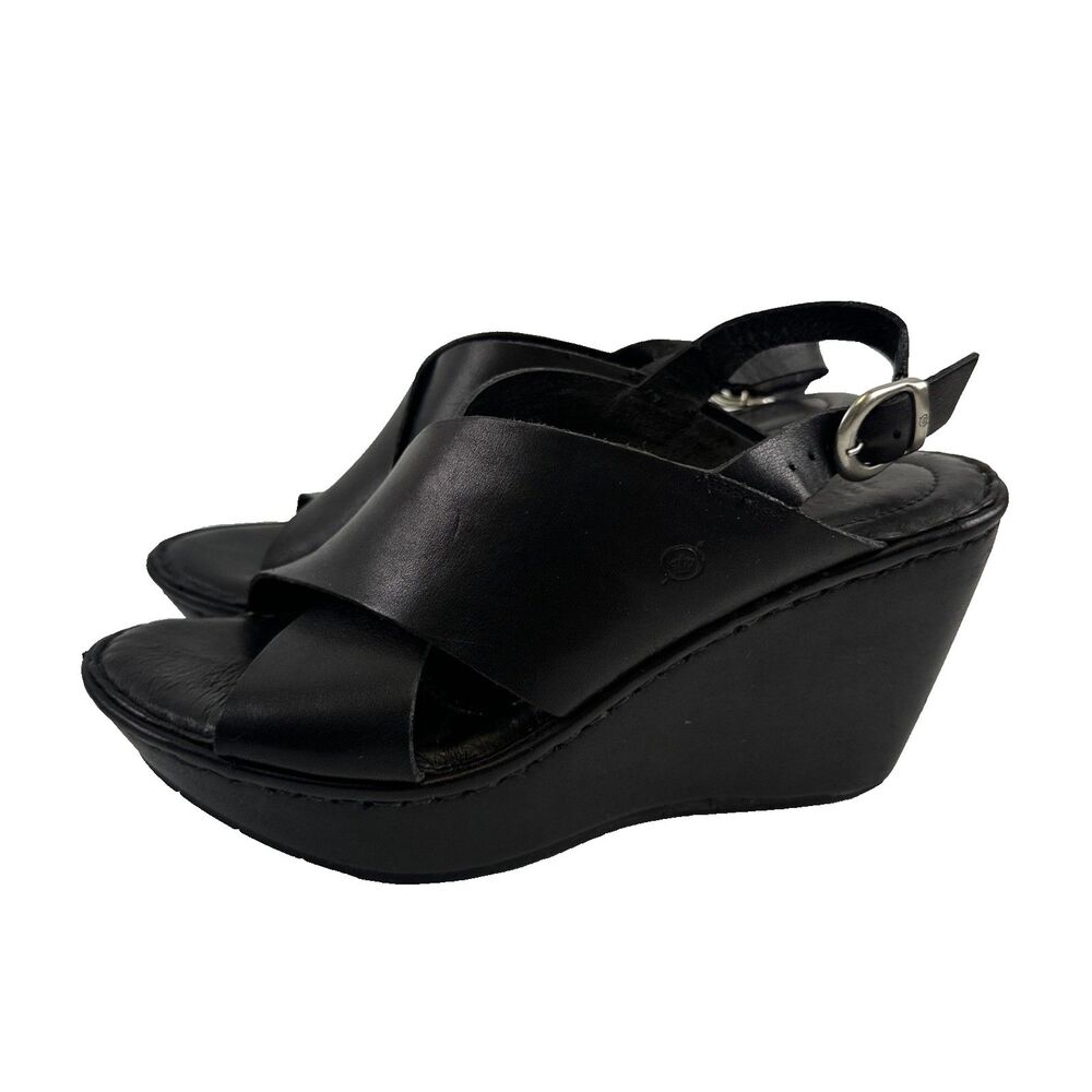 Born Emmy II Platform Slingback Sandal Black Leather Buckle Straps Womens 10